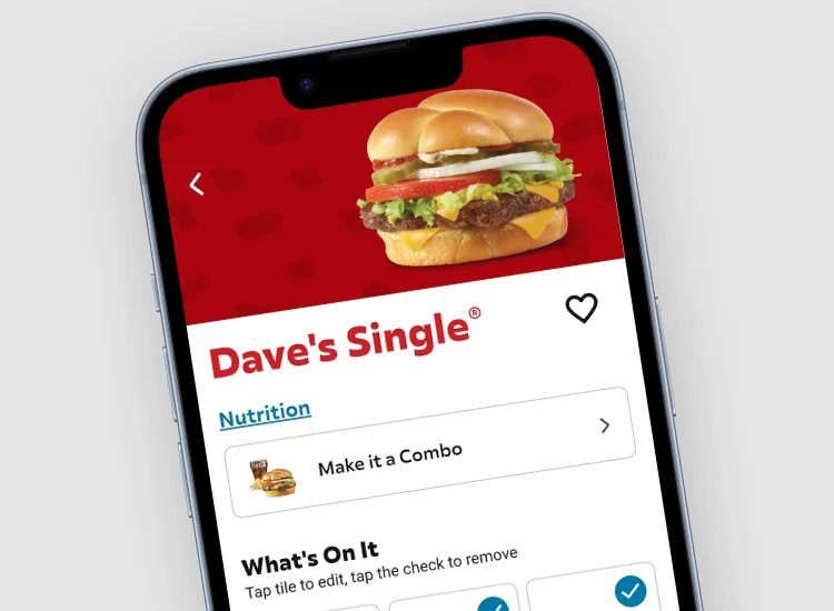 Wendy’s nutrition information and item customization shown on a phone